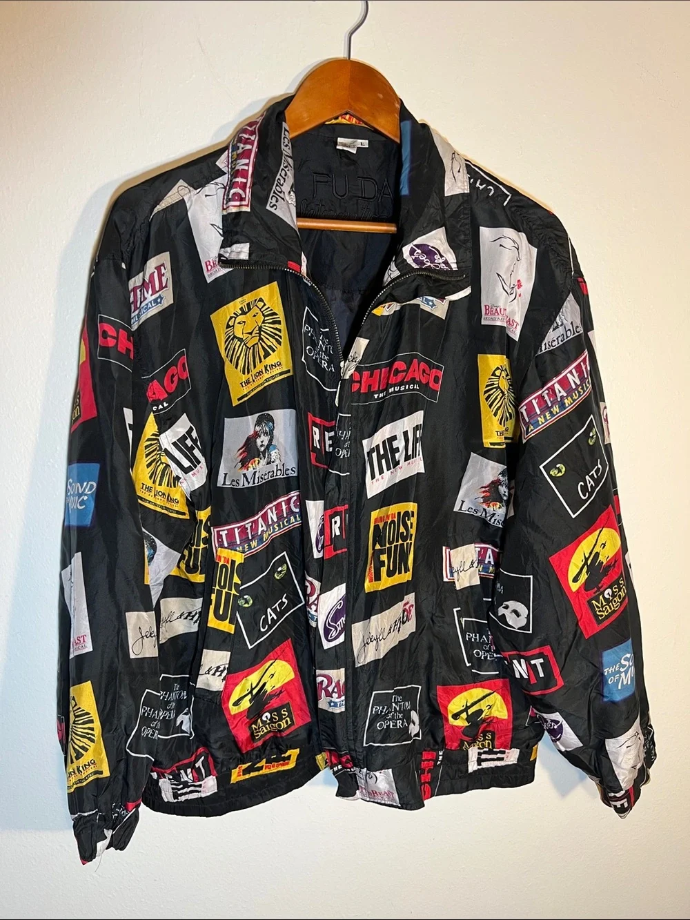 Duda International Black Broadway Playbills Silk Bomber Jacket Large XL